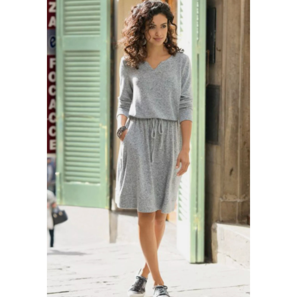 Soft Surroundings Easy Living Heather Gray Sweater Dress Small Tie Waist Comfy